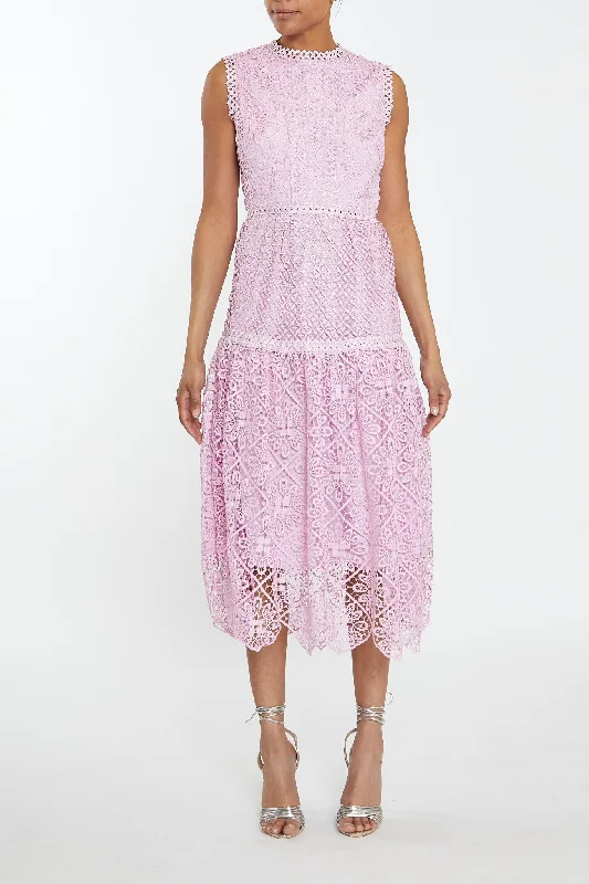 Natalia Candy-Pink Mixed Lace Peplum Midi-Dress Slim Midi Skirt